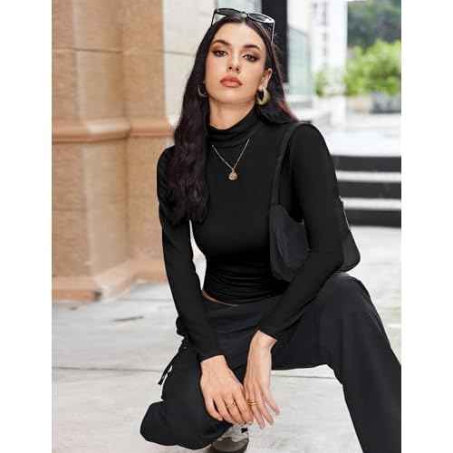 Ekouaer Women's Turtleneck Long Sleeve Shirts Thermal Underwear Tops Basic Slim Fit Fall Fashion Lightweight Top