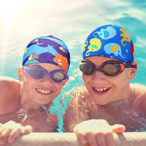Geyoga Kids Swim Caps 3 Pieces Bathing Swimming Hats Unisex Polyester Bathing Pool Cap Summer Swim Caps for Boys Girls Long Short Hair