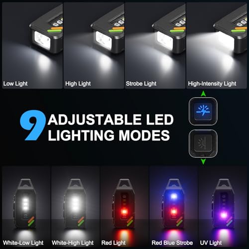 EDC Keychain Flashlight Rechargeable with Red/UV/Black Light, 500 Lumens Super Bright Small Flashlights Powerful with 9 Modes & Waterproof, Clip on Mini Pocket Flash light Magnetic for Fishing Outdoor