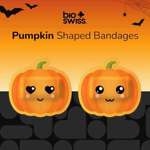 BioSwiss Kids Bandages, Halloween Pumpkin Shaped Self Adhesive Bandage Set, Latex Free, Sterile Wound Care, 50 Count