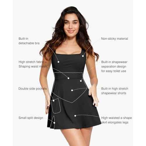 Popilush Shapewear Tennis Dress Athletic Dress for Women Summer Mini Dress with Slit Square Neck Golf Dress Romper