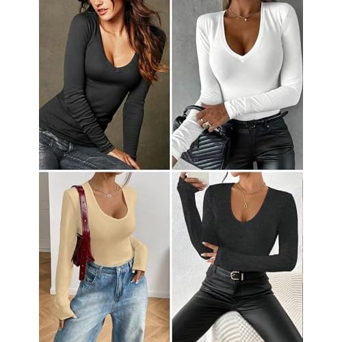 Ekouaer Deep V Neck Shirts for Women Long Sleeve Thermal Tops Slim Fit Lightweight Undershirts Soft Low Cut Tees XS-XXL