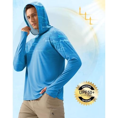 Pudolla Men's Sun Protection Hoodie Shirts UPF 50+ Rash Guard SPF Long Sleeve Fishing Shirt for Men Swim Hiking Boating
