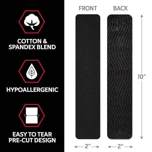 CURAD Performance Series IRONMAN Maximum Grip Kinesiology Tape, Sweat & Water Resistant Athletic Tape, Cotton Elastic Compression Support for Joints & Muscles, Black, 2 x 10 inches, 1 Roll (20 Strips)