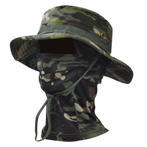 Camo Boonie Sun Hat with Balaclava Face Mask UV Protection Fishing Hat Bucket Hat for Hunting Hiking Military Tactical Safari