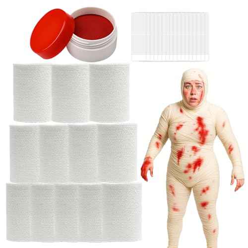 Halloween Mummy Wrap Costumes, 60 Yards 12 Rolls Mummy Wrapping Cloth, Mummy Gauze, Mummy Bandages for Cosplay Zombie, Halloween Costume Accessories with Fake Blood Powder(Small Size for Women, Youth)