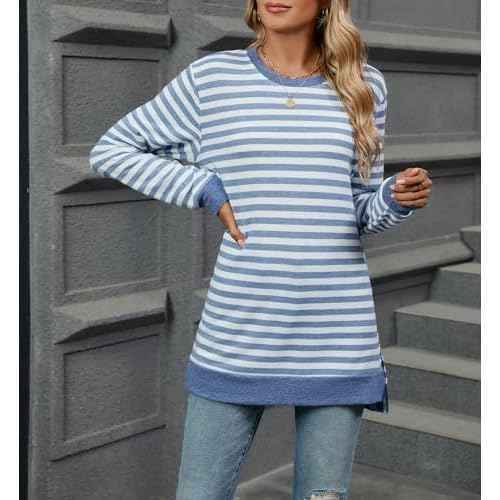 Womens Casual Striped Long Sleeve Shirt Trendy Crew Neck Slim Loose Fit Basic Blouses Tops
