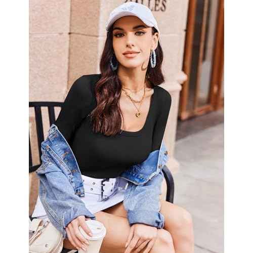Ekouaer Womens Long Sleeve Shirts Square Neck Slim Fit Basic Tops Ribbed Thermal Undershirts Layering Tee