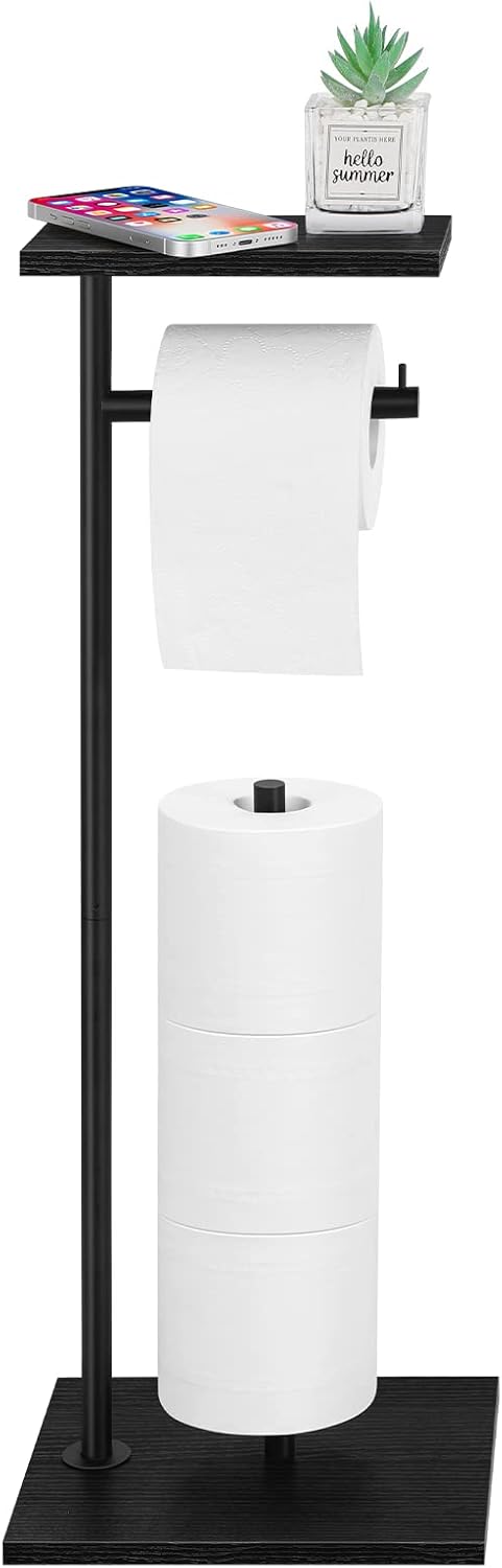 Skiennix Free Standing Toilet Paper Holder - Black Bathroom Tissue Dispenser with Storage Shelf