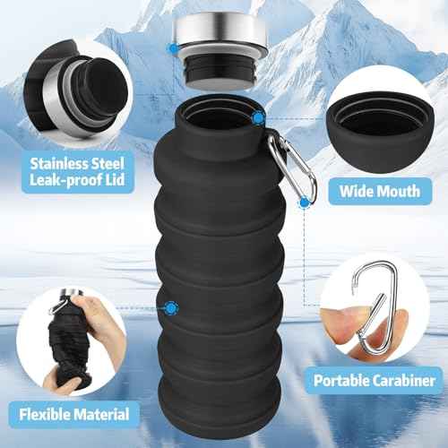 Collapsible Water Bottle,16oz Capacity Portable Reusable Silicone Water Bottle, Leak-proof, with buckle, foldable storage, Lightweight Durable for Fitness, Cycling, Sports, Camping, Hiking (Black)