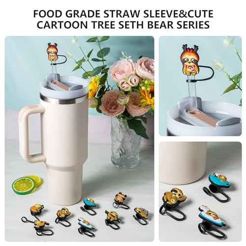 8-Piece Sloth Covers for Stanley Cup, 0.4in/10mm Diameter Straw Toppers Cap,Compatible with Stanley 20 30&40 0z Cup, Dust-Proof Straw Caps for Water Bottle