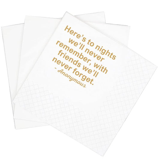 SharkBliss Funny Quotes 100 Pack Here's To Nights We'll Never Remember With Friends We'll Never Forget Cocktail Napkins For Bachelor Birthday Wedding Anniversary 2-Ply, 5x5" (Here's To Nights)