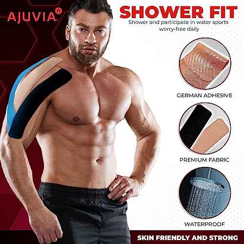 AJUVIA Synthetic Kinesiology Tape, 1 Roll, 10% Bonus, 20 + 2 Precut Strips, Lasts up to 14 Days, Hypoallergenic and Waterproof K Tape for Muscle Pain Relief and Joint Support