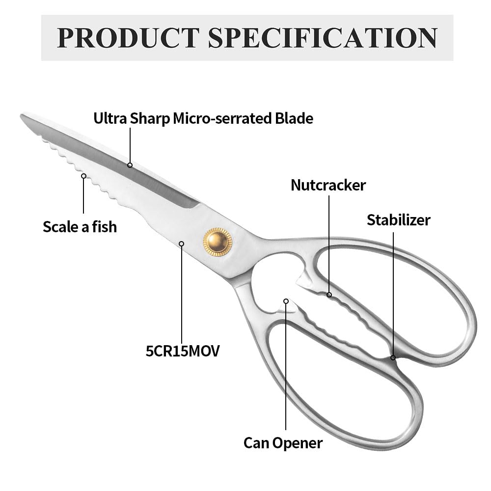 ELephas PLus Professional Kitchen Scissors - Heavy Duty Stainless Steel Shears for Cutting Meat, Fish, Poultry, Vegetables, Pizza - Food Cutting Tools