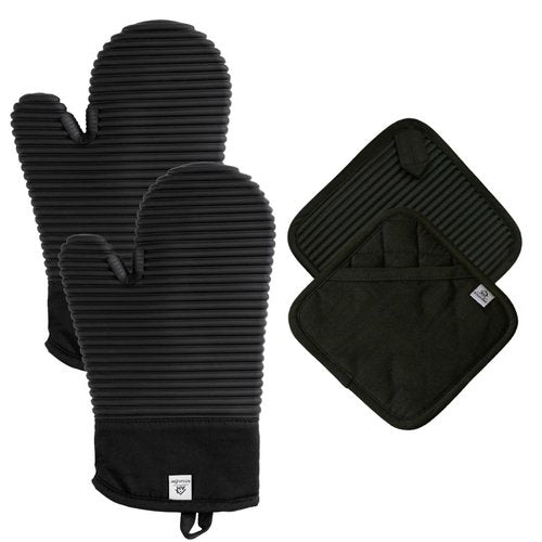 Extra Long Silicone Oven Mitts and Pot Holders Sets | Heat Resistant 500°F BPA-Free Food Grade Silicone Hot Pads & Kitchen Mittens | 4-Piece Set of Oven Gloves & Potholders for Kitchens.
