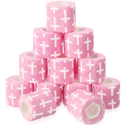 Geiserailie 12 Pack Christian Athletic Tapes 2 Inch x 5 Yards Self Adhesive Bandages Sports Wraps Breathable Elastic Wrap Non Woven Bandage for Wrist, Ankle, Baseball Football(Pink)