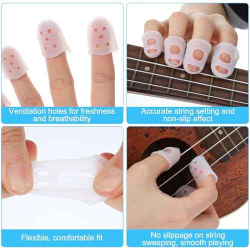 50 Pcs Guitar Finger Covers, Silicone Finger Tip Protectors Anti-Slip & Breathable Silicone Guitar Fingers Guards for Guitars Playing, Ukulele Bass, and Sewing (5 Sizes, White)