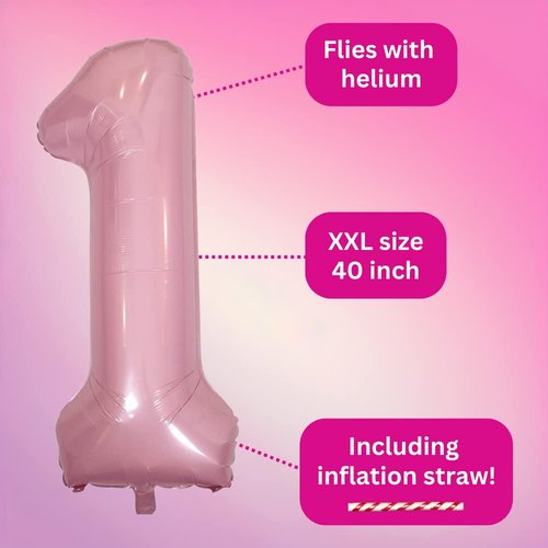 DIWULI Number Balloons 40 Inch Pastel Pink - Large Number 1 Balloon, Big Pink Balloons, Helium 1st Birthday Party Decorations Supplies Foil Balloons Numbers Girl Women, Big Balloon Years Anniversary