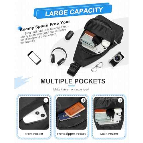 Small Black Sling Crossbody Bag for Men Women, Shoulder Daypack Mini Anti-Theft Cross Body Motorcycle Chest Bags, Small One Strap Fanny Back Pack for Casual Travel Hiking Sport Gym
