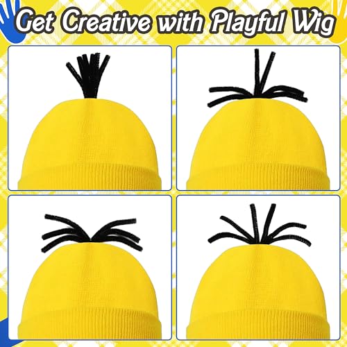 5 Pcs Halloween Yellow Costume Accessories for Adult, Yellow Beanie Hats, Goggles Glasses, Elastic Suspenders, Black Gloves for Halloween Dress Up Men Women Cosplay Party