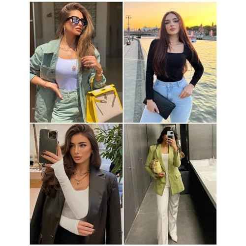 Ekouaer Womens Long Sleeve Shirts Square Neck Slim Fit Basic Tops Ribbed Thermal Undershirts Layering Tee