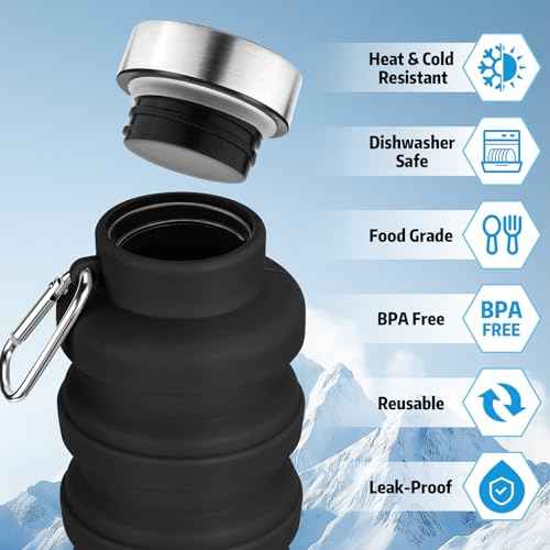 Collapsible Water Bottle,16oz Capacity Portable Reusable Silicone Water Bottle, Leak-proof, with buckle, foldable storage, Lightweight Durable for Fitness, Cycling, Sports, Camping, Hiking (Black)