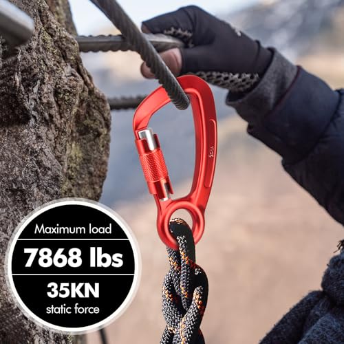 T-Fly Auto Locking Carabiner 35KN (7868 lbs), UIAA Certified 5.4" Climbing Rock Carabiner with Round Eyelet for Rappelling, Climbing, Ropes (Red)