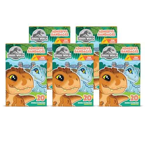 Jurassic World Dinosaur Bandages, 2 Assorted Sizes 100 CT | Wear Like Stickers, Flexible Adhesive Bandages for Minor Cuts, Scrapes, and Burns. Great Gift idea for Kids