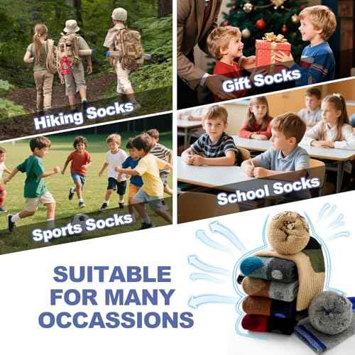 BISOUSOX Kids Wool Socks Boys Socks 10-12 Years Old Soccer Baseball Youth 6-8 Thermal Hiking Boot Crew Cushion Sock Gift