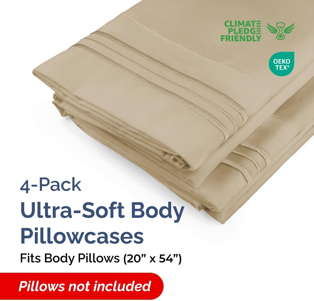 Skiennix Body Pillowcases Set of 4 | Soft, Breathable 20x54 Pillow Covers for Side Sleepers - Machine Washable, Fade-Free (Beige)