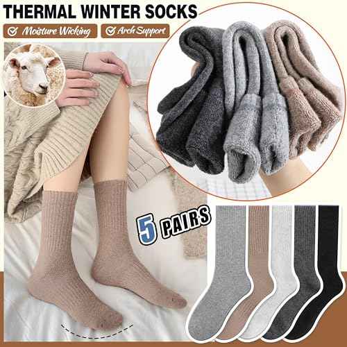 EBMORE Merino Wool Socks for Women Hiking Thermal Warm Winter Thick Boot Cozy Crew Comfy Work Socks for Ladies 5 Pairs