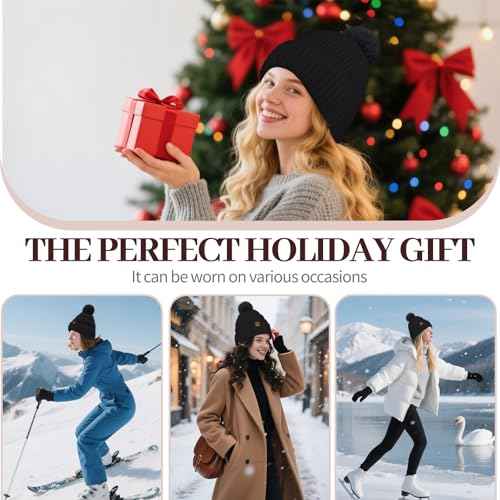 Winter Beanie Hats for Women with Faux Fur Pom Warm Cozy Knit Fleece Thermal Snow Ski Skull Cap for Cold Weather