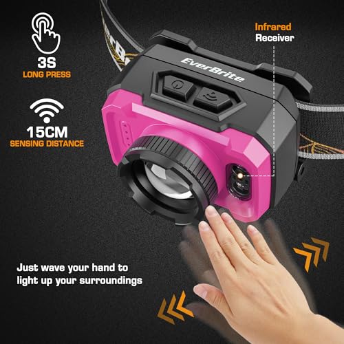 EverBrite 600 Lumen Headlamp, Rechargeable Headlight with 4 Modes, Super Bright Head Lamp with Spotlight & Floodlight, Motion Sensor, Memory Function for Camping, Hiking-Pink