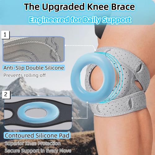 Knee Brace for Women Men Adjustable Knee Support with Side Stabilizers, Patella Gel Pads & Upgraded Silicone Anti-Slip Strip -Patella Knee Brace for Meniscus Tear, Knee Pain, Arthritis, Injury Recovery, Running, Workout (Gray 2 Pcs)
