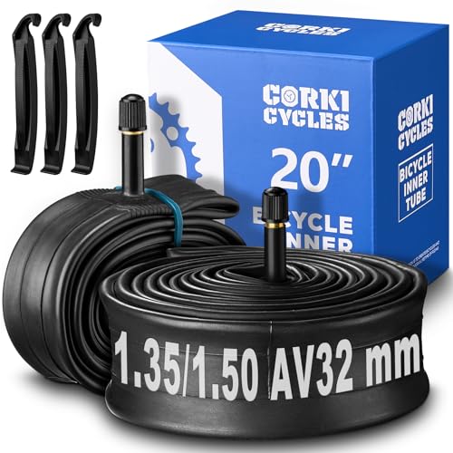 Corki Cycles 20 Inch Bike Tubes Butyl Rubber 2 Pack Fit 1.35 1.5 1.75 1.95 2.0 2.1 2.125 2.2 2.25 2.3 2.35 2.4, Bicycle Tire Inner Tube Replacement - Schrader Valve 32mm