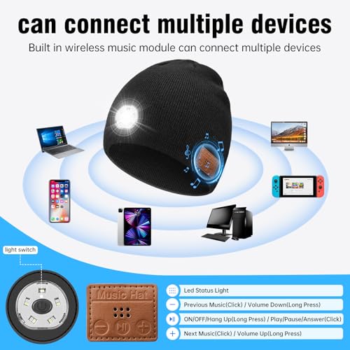 MUSIC Lighted Beanie (Bluetooth V5.4), built-in LED, Microphone and Speaker,Winter Christmas Gift for Family, Dad, Men and Father