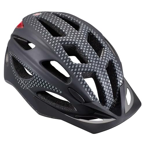Schwinn Beam Lighted Helmet for Adults, Size 58 - 62 cm for Riders Ages 14+, Rear LED Light, Reflective Strips, Adjustable Dial and Straps, 17 Air Vents, Removable Visor, Adult Bike Helmet