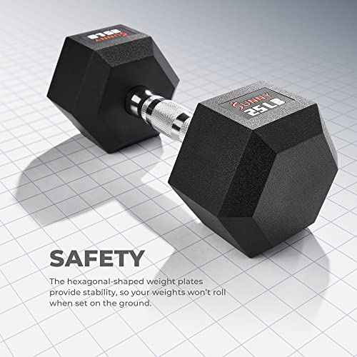 Sunny Health & Fitness Hex Style Dumbbell 5 LBS TO 50 LBS Chrome Handles, Hand Weight for Strength Training, Home Gym, Exercise, Workout Equipment Multiple Size Options