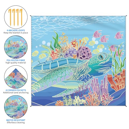 Beach Blanket Waterproof Sandproof Large Beach Mat 79" X 83" for 2-4 Adults Sand Free Mat Quick Drying,Lightweight & Durable with 4 Stakes & 4 Corner Pockets for Beach Travel Camping.(Sea Turtle)