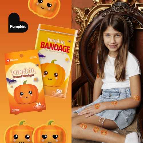 BioSwiss Kids Bandages, Halloween Pumpkin Shaped Self Adhesive Bandage Set, Latex Free, Sterile Wound Care, 50 Count