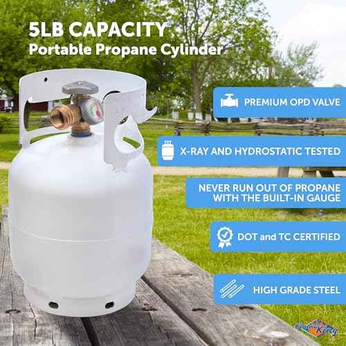 Flame King YSN5LB-GAUGE 5lb Steel Propane Tank Cylinder with Gauge and OPD Valves for Grills and BBQs, Camping, Fishing, & Outdoor Activities, White