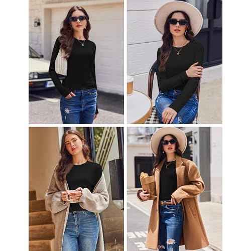 Ekouaer Womens Long Sleeve Shirts Casual Crew Neck Tops Loose Fit Thermal Undershirt Base Layer Trendy Clothes XS-XXL