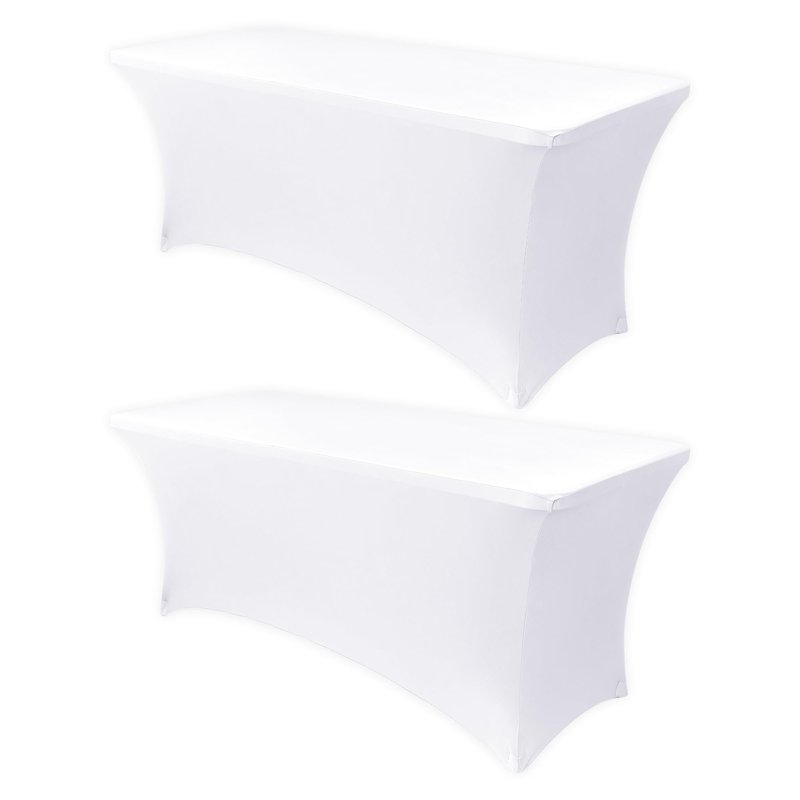 Obstal 8Ft Stretch White Spandex Table Cover for Standard Folding Tables - 2 Pack Universal Rectangular Fitted Tablecloth for Party, Banquet, Events, Trade Show (White, 96L x 30W x 30H Inches)