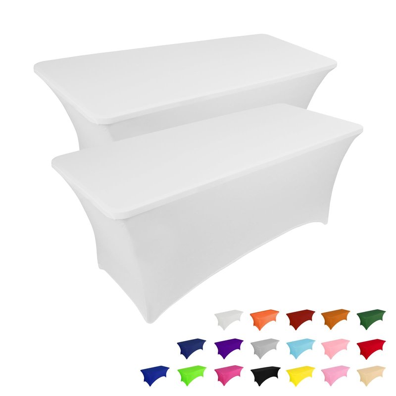 IVAPUPU 2 Pack 4FT Table Cloth for Rectangular Fitted Events Stretch White Table Covers Washable Cover Spandex Spring Tablecloth Protector for Party, Wedding, Cocktail, Banquet, Festival