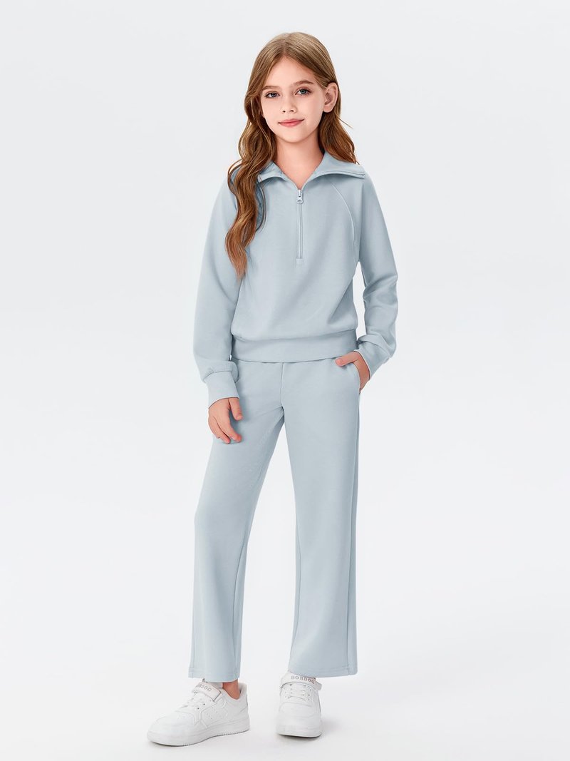 Haloumoning Girls 2 Piece Outfits Sweatsuit Half Zip Long Sleeve Sweatshirts Sweatpants Tracksuit Sets 5-14 years