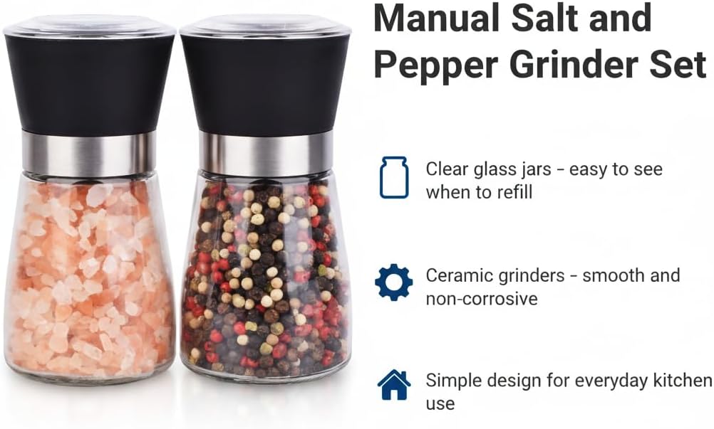 Skiennix Salt and Pepper Grinder Set - Refillable Spice Mills (2.5" x 5.1") for Fresh Seasoning