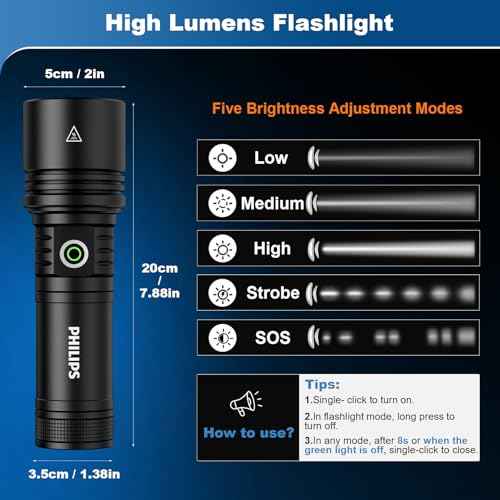 PHILIPS Flashlights High Lumens Rechargeable with Ignition Lens,2000lm Tactical Flashlights with Camping Lamp,2 Colors Zoomable 5Modes Reverse Charging LED Bright Flashlight for Home Outdoor Gift