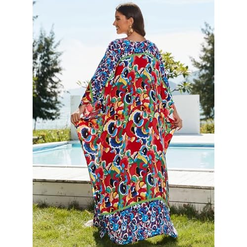 Women Kaftan Dresses Plus Size V-Neck Batwing Sleeves Beach Cover Up 2025 Summer Floral Print Caftan Dress