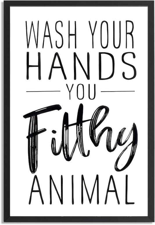 Skiennix Framed Black And White Bathroom Wall Art - Funny Wash Your Hands Poster | Modern Minimalist Decor