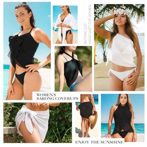 2pcs Beach Cover Up for Women, Chiffon Sarong Swimsuit Coverup for Pool, Summer Resort Wear Black White
